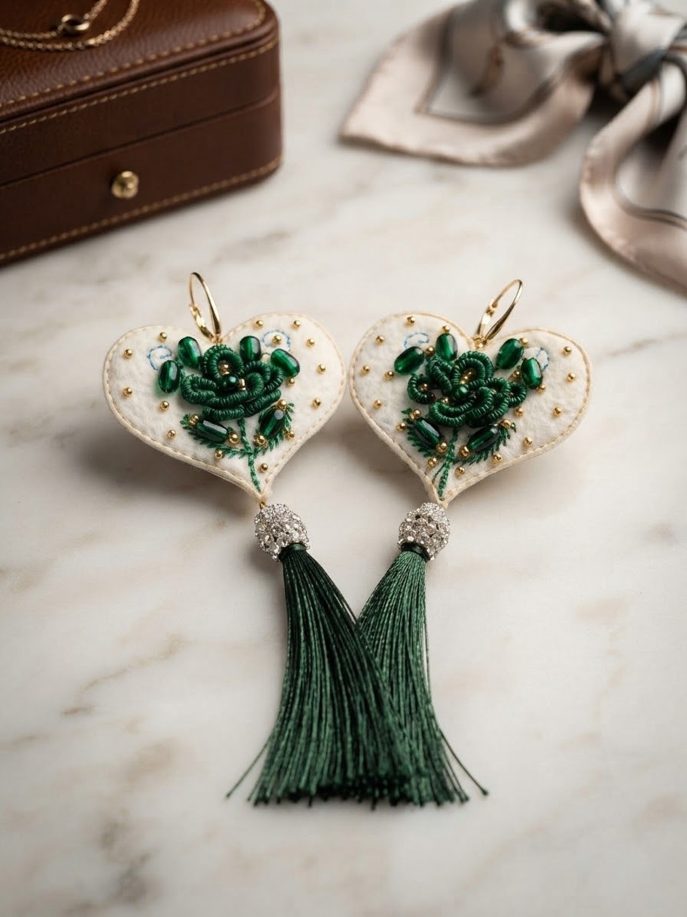 Green Heart Tassel Earrings with Embroidered Beads Mexican art Handmade